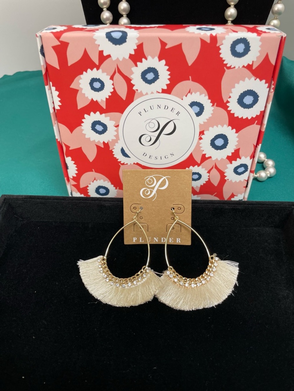 Plunder Gold Hoop Earrings with Cream Tassel Fringe